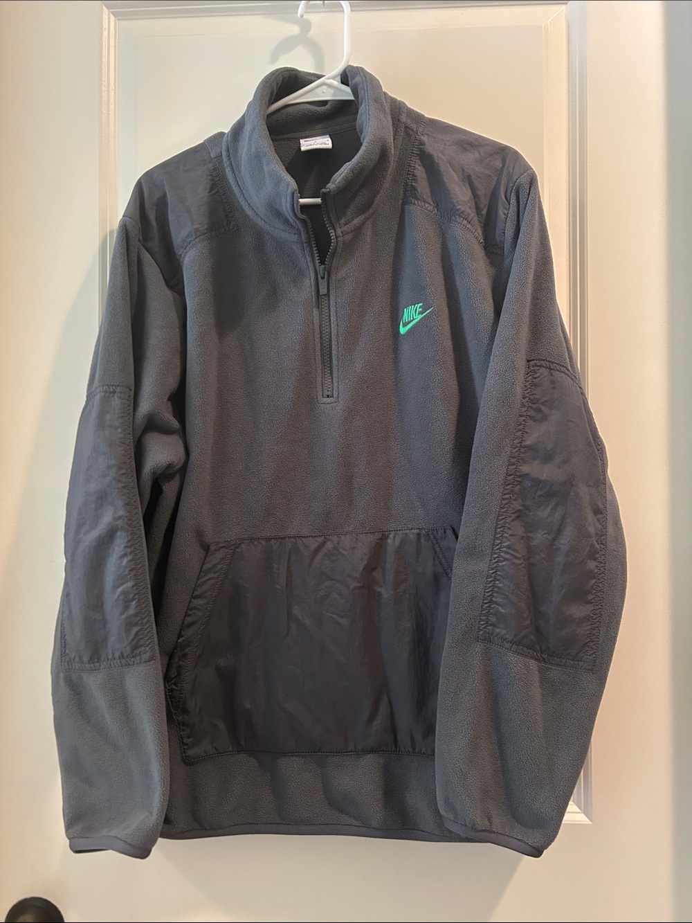 Nike Gray 1/4 ZipUp Fleece Pullover nylon patchwork detail Neon Green Swoosh L